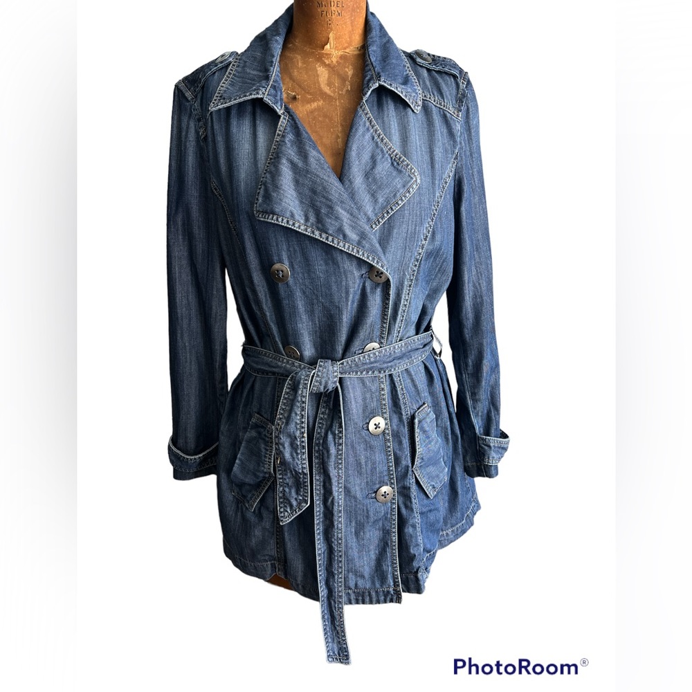 CHICO’S DENIM TRENCH JACKET CHICO SIZE 2=SIZE 12-14 EUC OOS ON WEBSITE